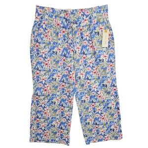 Land 'N Sea Women's Floral Linen Blend Crop Pull On Pants Blue Small S NWT New